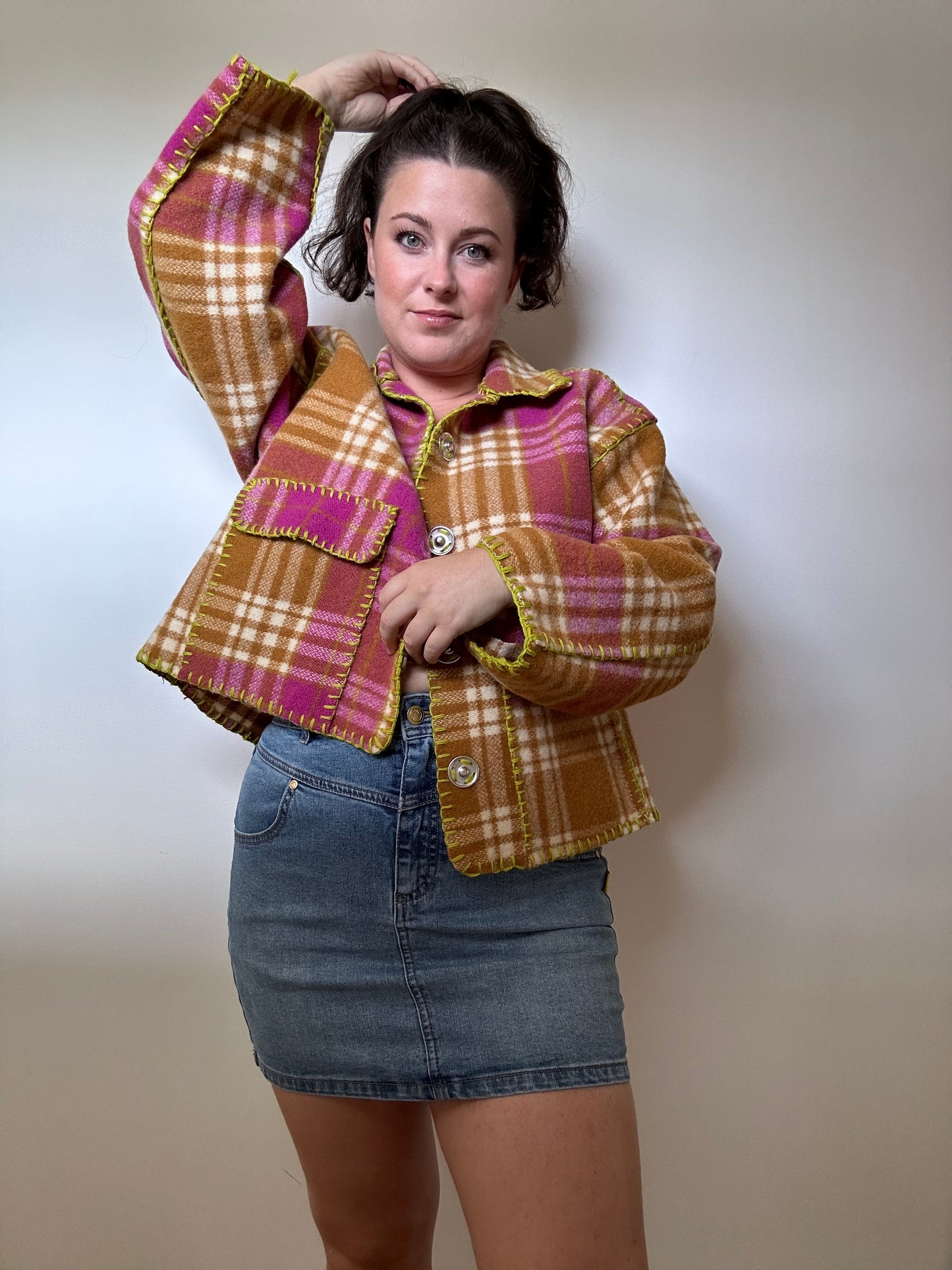 Plaid Wool Cropped Blanket Jacket (8-18)