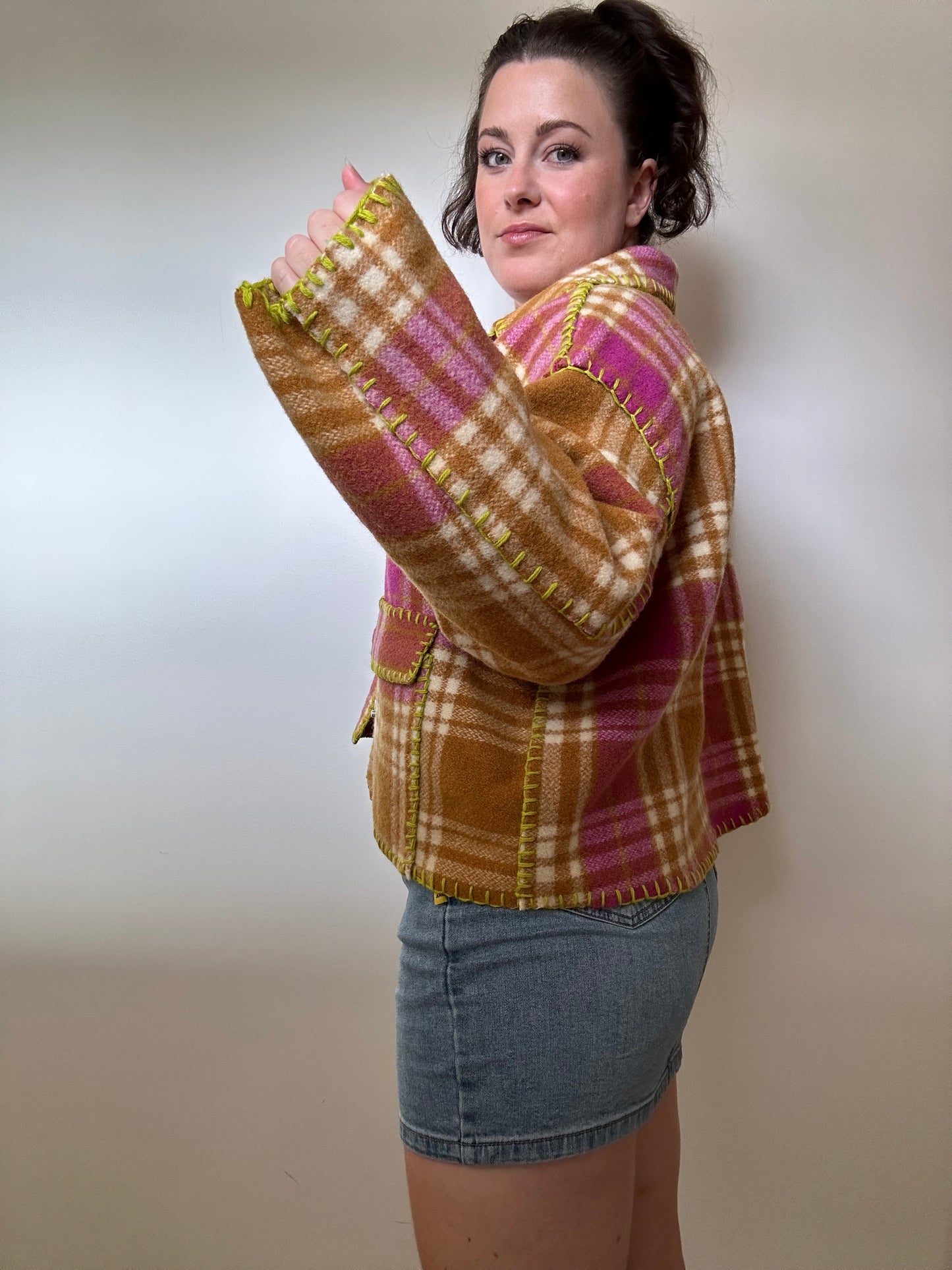 Plaid Wool Cropped Blanket Jacket (8-18)