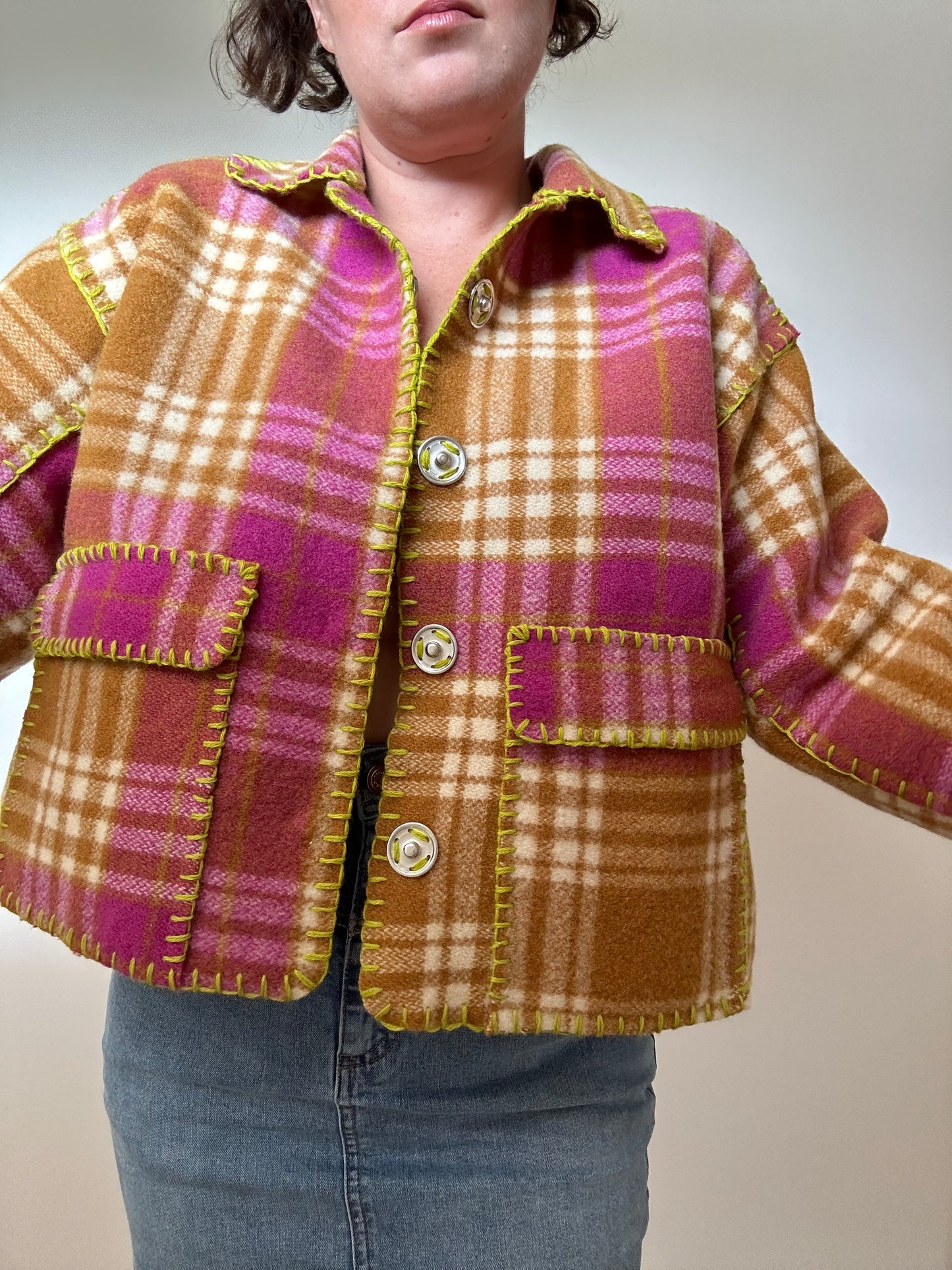 Plaid Wool Cropped Blanket Jacket (8-18)