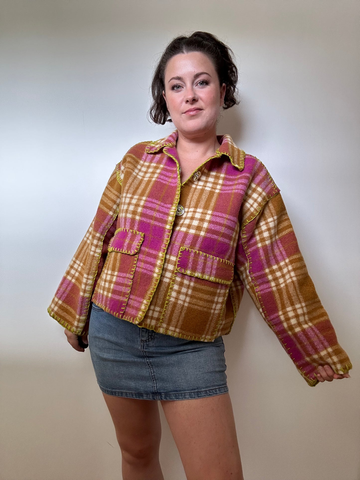 Plaid Wool Cropped Blanket Jacket (8-18)