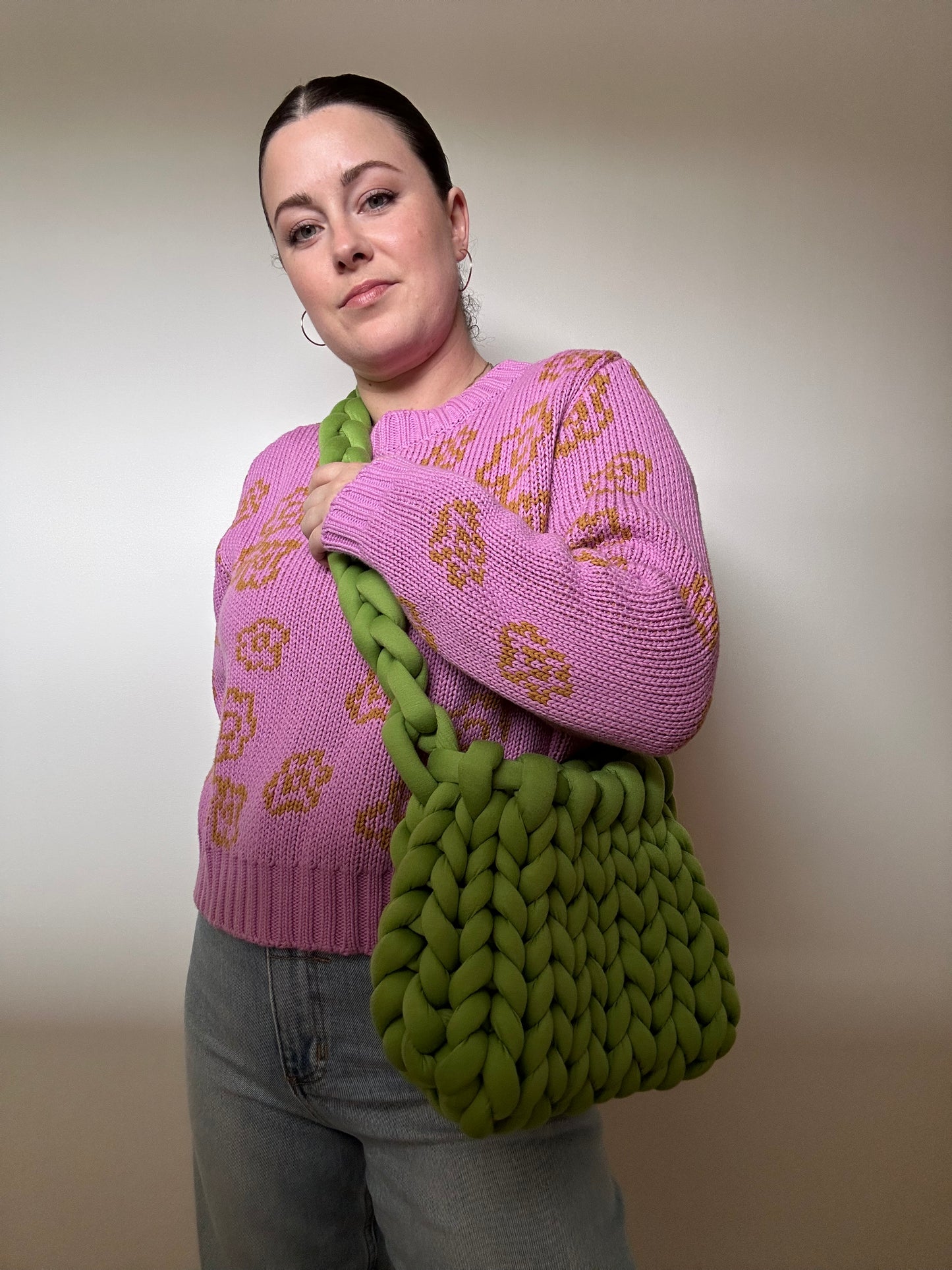 Chunky Handknitted Bag with long strap (Green)