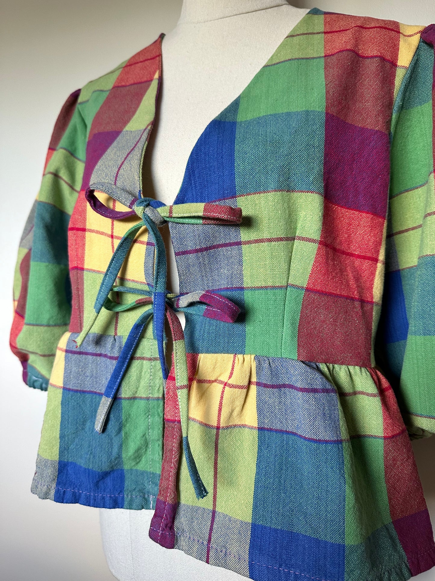 Plaid Puff Sleeve Tie Top (8-14)