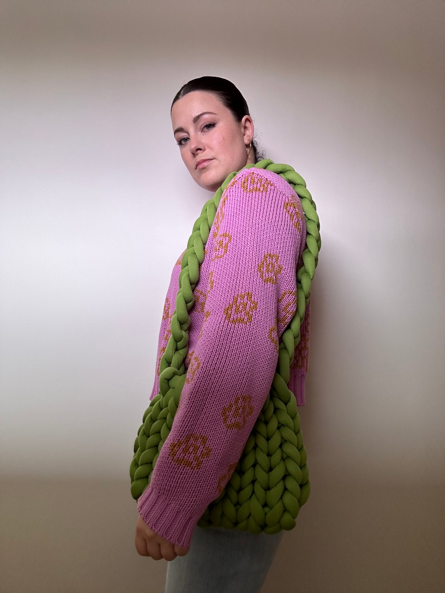 Chunky Handknitted Bag with long strap (Green)