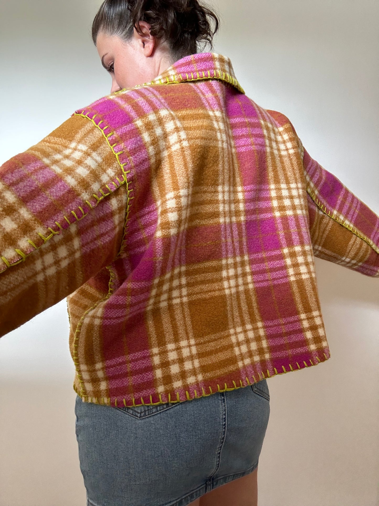 Plaid Wool Cropped Blanket Jacket (8-18)